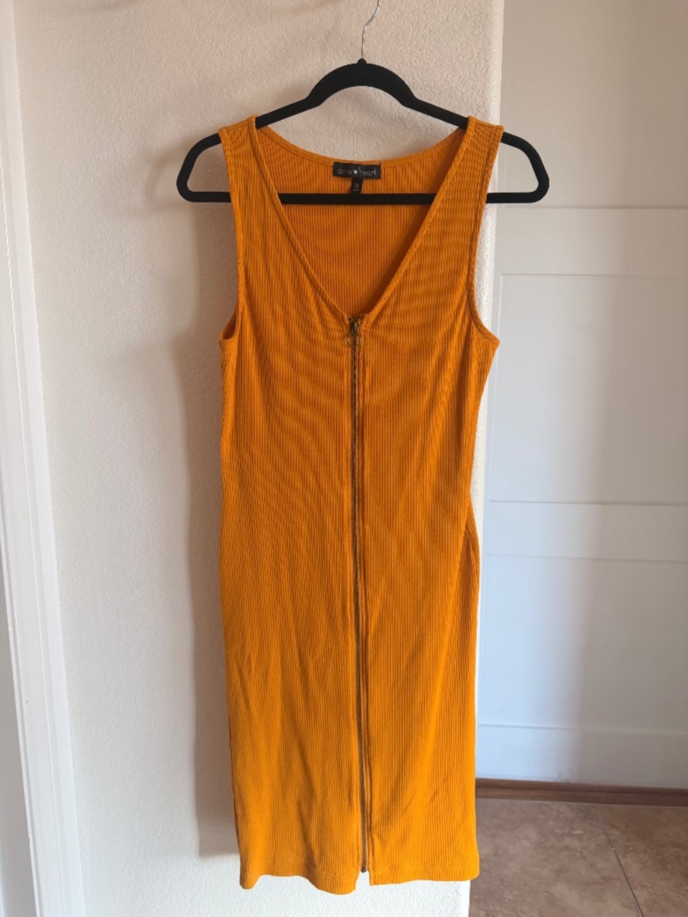Derek Heart Mustard Yellow Ribbed Knit Zip-Front Sleeveless Mini Dress - Size L